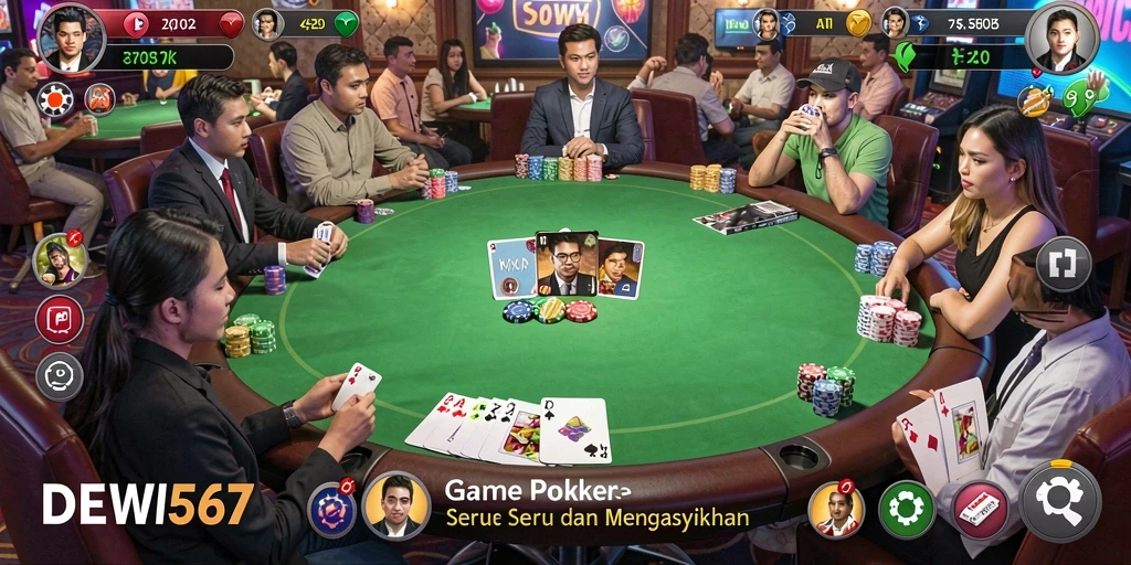 Tampilan utama gameplay DEWI567 dengan pemain poker yang antusias.