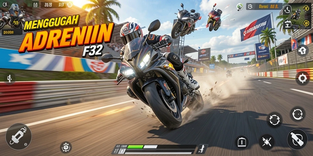 Screenshot menampilkan balapan seru di F32 dengan motor performa tinggi.