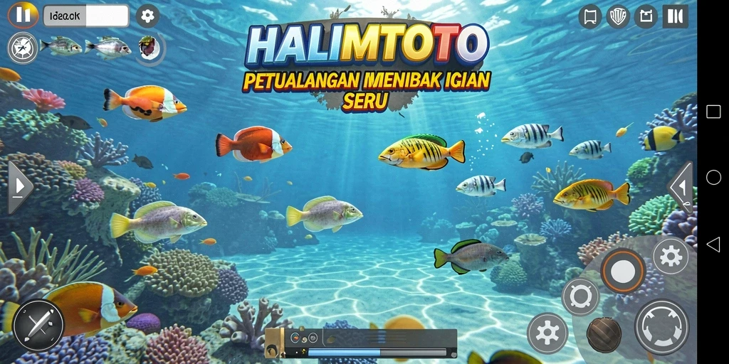Tangkapan layar utama HALIMTOTO menampilkan aksi menembak ikan yang seru.