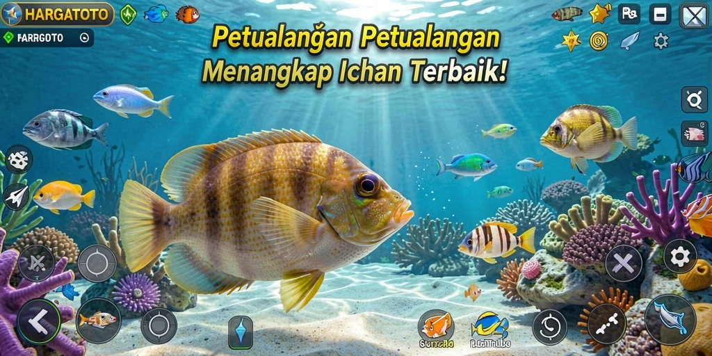 Screenshot gameplay HARGATOTO dengan aksi memancing yang seru.