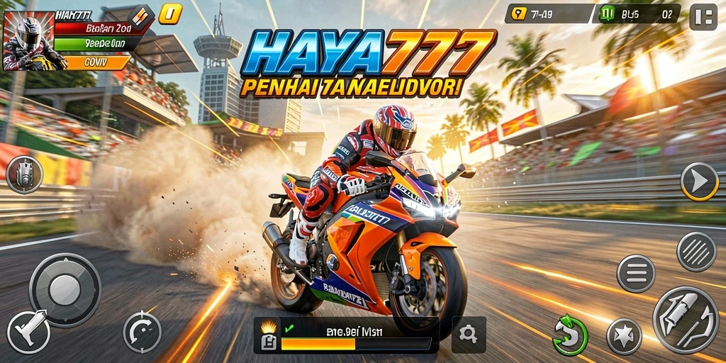 Screenshot permainan HAYA777 dengan aksi balapan motor yang mendebarkan.