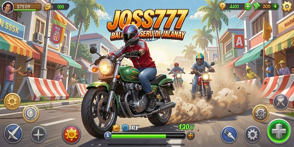 Tangkapan layar menampilkan aksi balapan seru di JOSS777 dengan mobil yang melaju cepat.
